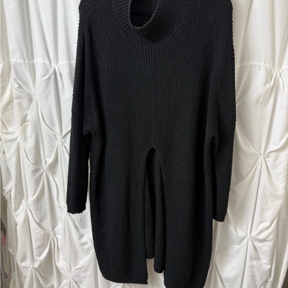 Free People Black Women’s Rib-Knit Long Sweater with Front Slit